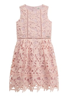 Guess Big Girls Sleeveless All Over Lace Lined Dress with Metal Placket Logo - Pink