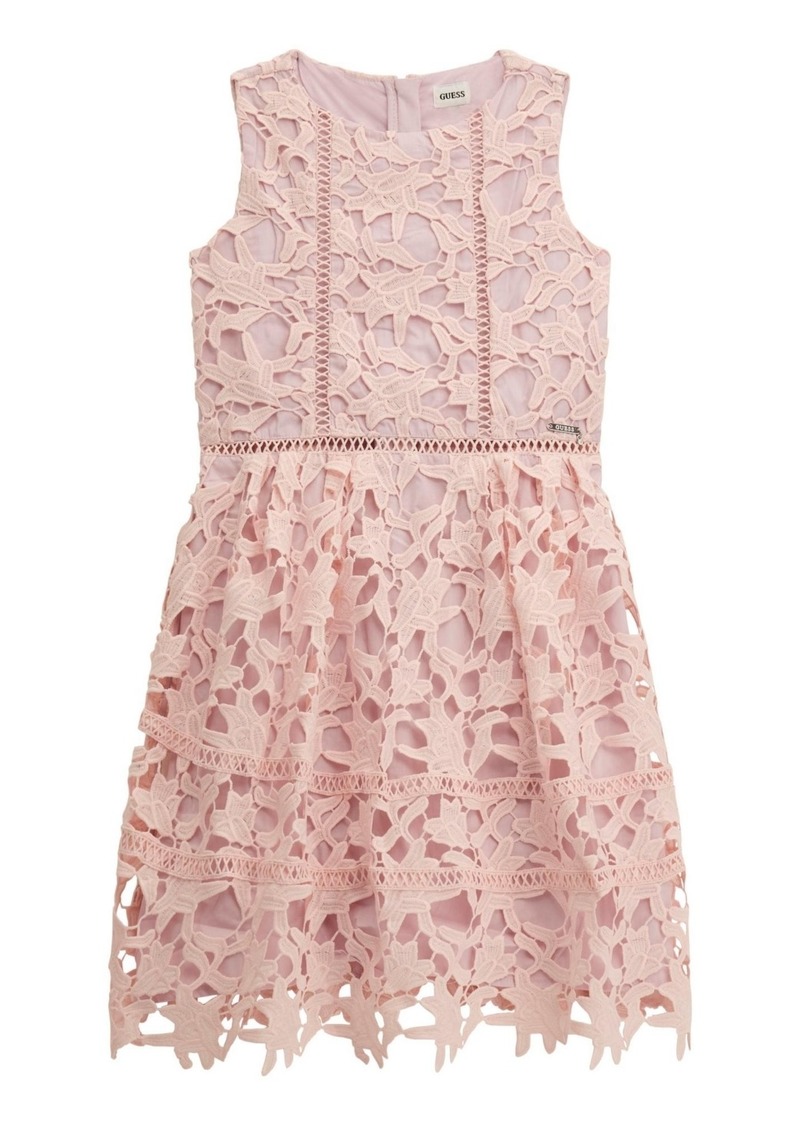 Guess Big Girls Sleeveless All Over Lace Lined Dress with Metal Placket Logo - Pink