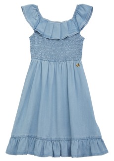 Guess Big Girls Smocked Elastic Bodice Denim Dress - Summer Cloud Light Blue Wash