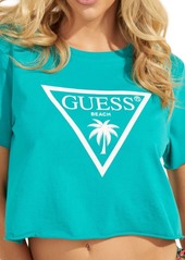 GUESS Crop Cotton Graphic Tee in Deep Green Blue at Nordstrom