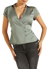 GUESS Estelle Satin Wrap Top in Dusty Teal at Nordstrom