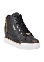 GUESS Figz Logo Embossed Wedge Sneaker in Black /Black Faux Leather at Nordstrom