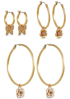 Guess Gold-Tone 3-Pc. Set Mixed Color Stone Flower & Butterfly Charm Hoop Earrings - Gold