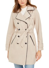 Guess Hooded Faux-Leather-Trim Water-Resistant Double-Breasted Trench Coat