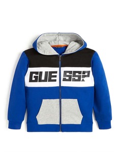 GUESS Kids' Colorblock Organic Cotton Graphic Zip-Up Hoodie in Electric Blue at Nordstrom