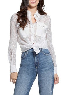 GUESS Logo Embroidery Sheer Button-Up Shirt