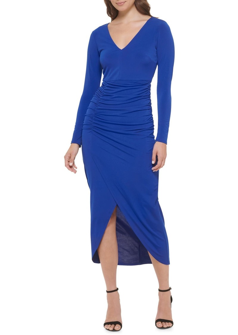 GUESS Long Sleeve Ruched High-Low Body-Con Dress in Cobalt at Nordstrom Rack