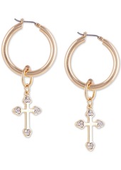Guess Medium Gold-Tone Crystal Cross Charm Hoop Earrings 1.5"