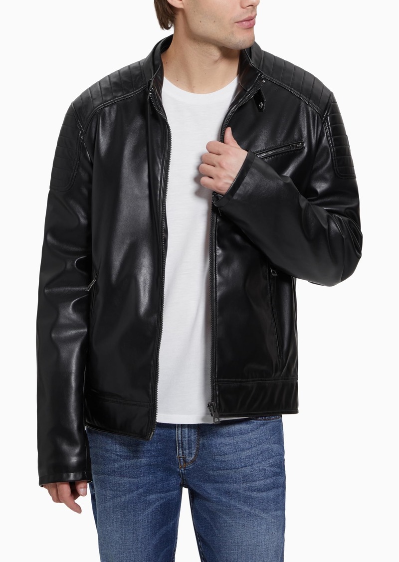 GUESS Men's Alexander Hooded Faux Leather Jacket  Extra Large