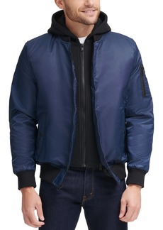 Guess Men's Bomber Jacket with Removable Hooded Inset - Blue