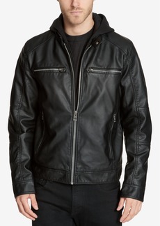 Guess Men's Faux-Leather Detachable-Hood Motorcycle Jacket - Black