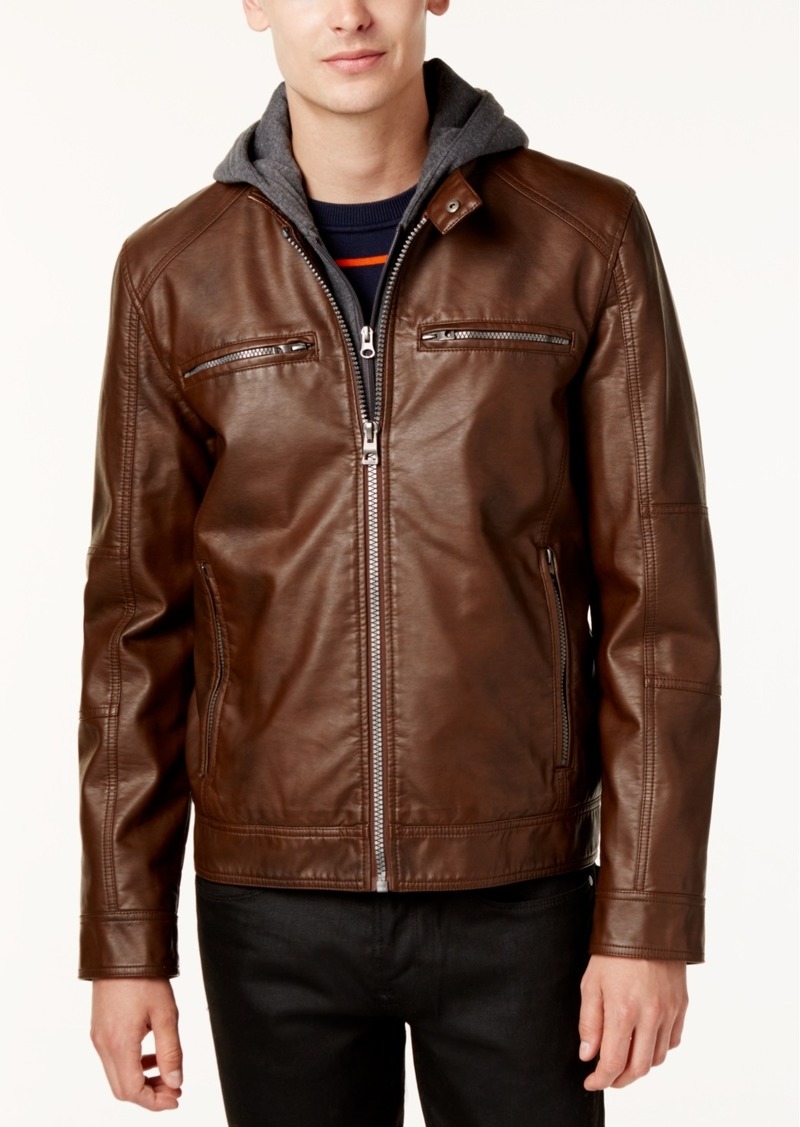 Guess Men's Faux-Leather Detachable-Hood Motorcycle Jacket - Brown