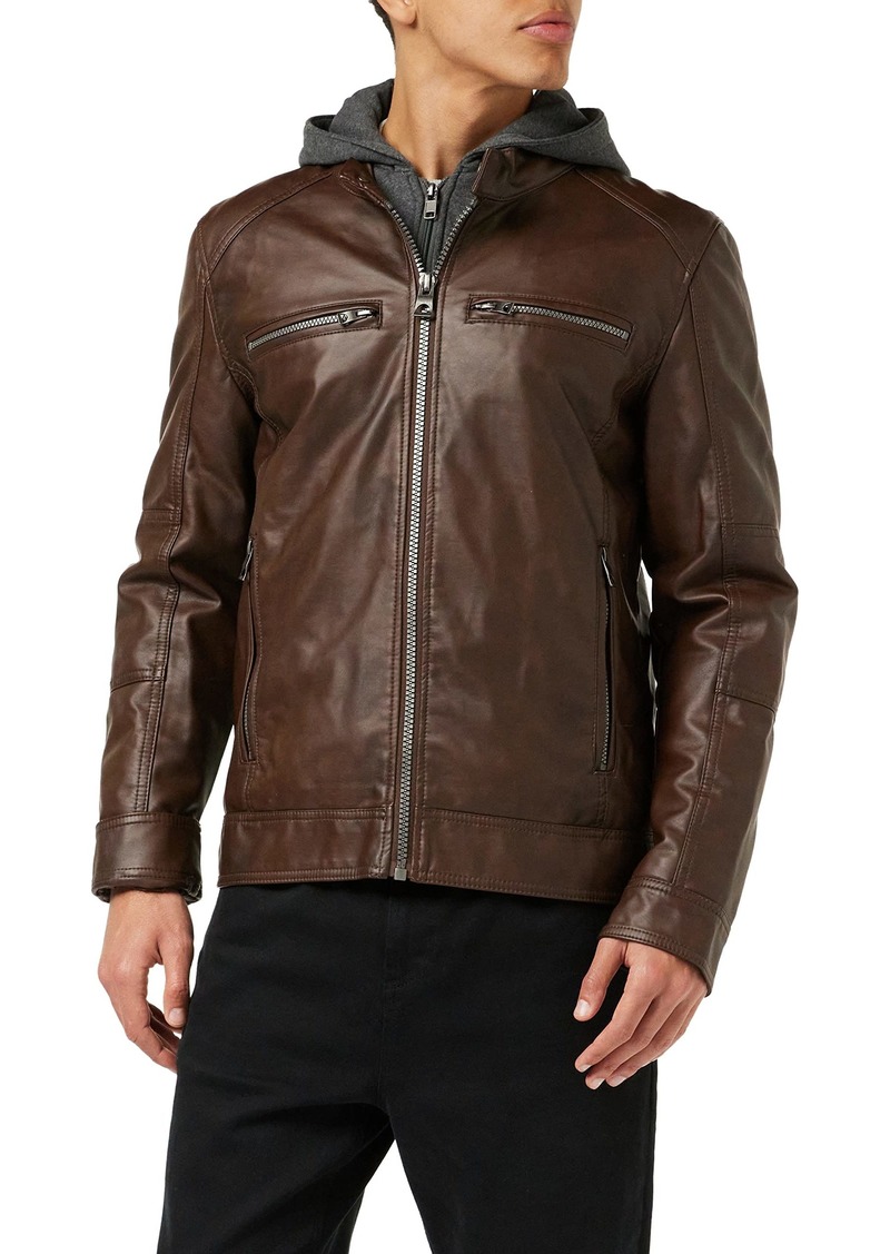 GUESS Men's Faux Leather Hooded Moto Jacket