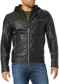 GUESS Men's Faux Leather Hooded Moto Jacket black M