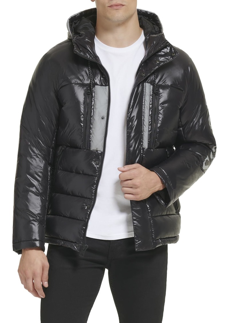 GUESS Men's Mid-Weight Puffer Jacket with Logo Sleeve