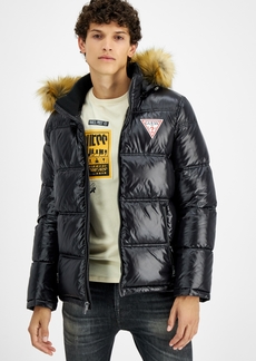 Guess Men's Puffer Jacket With Faux Fur Hood - Black