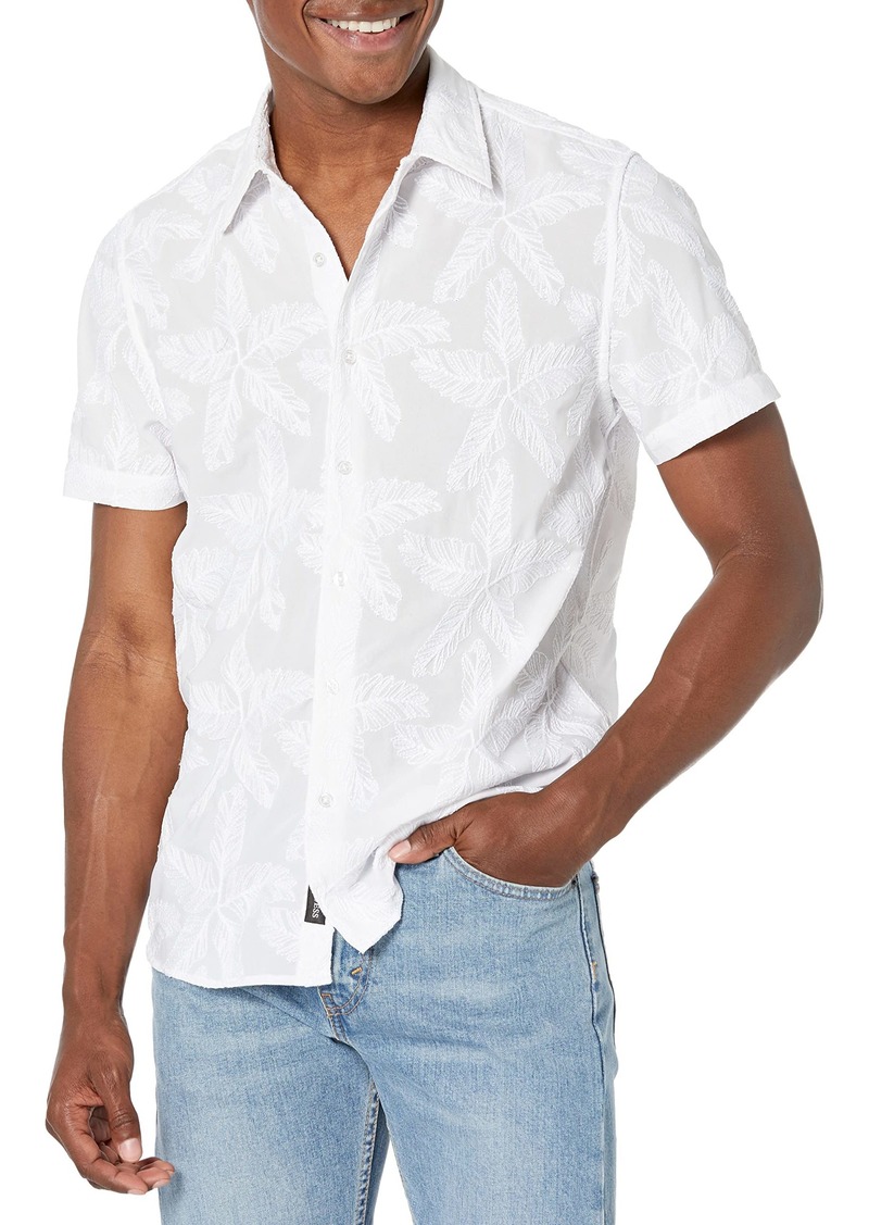 GUESS Men's Short Sleeve Floral Embrded Twill Shirt