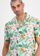 Guess Men's Short Sleeve Palm Print Camp Shirt - AOP GREEN AND PINK FOLIAGE