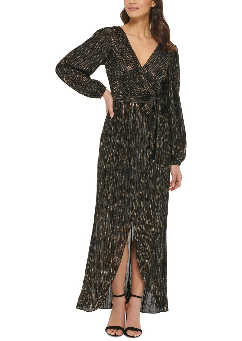 Guess Metallic-Striped Faux-Wrap Maxi Dress - Black/Gold