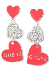 Guess Silver-Tone Crystal Red Triple Heart Drop Earrings