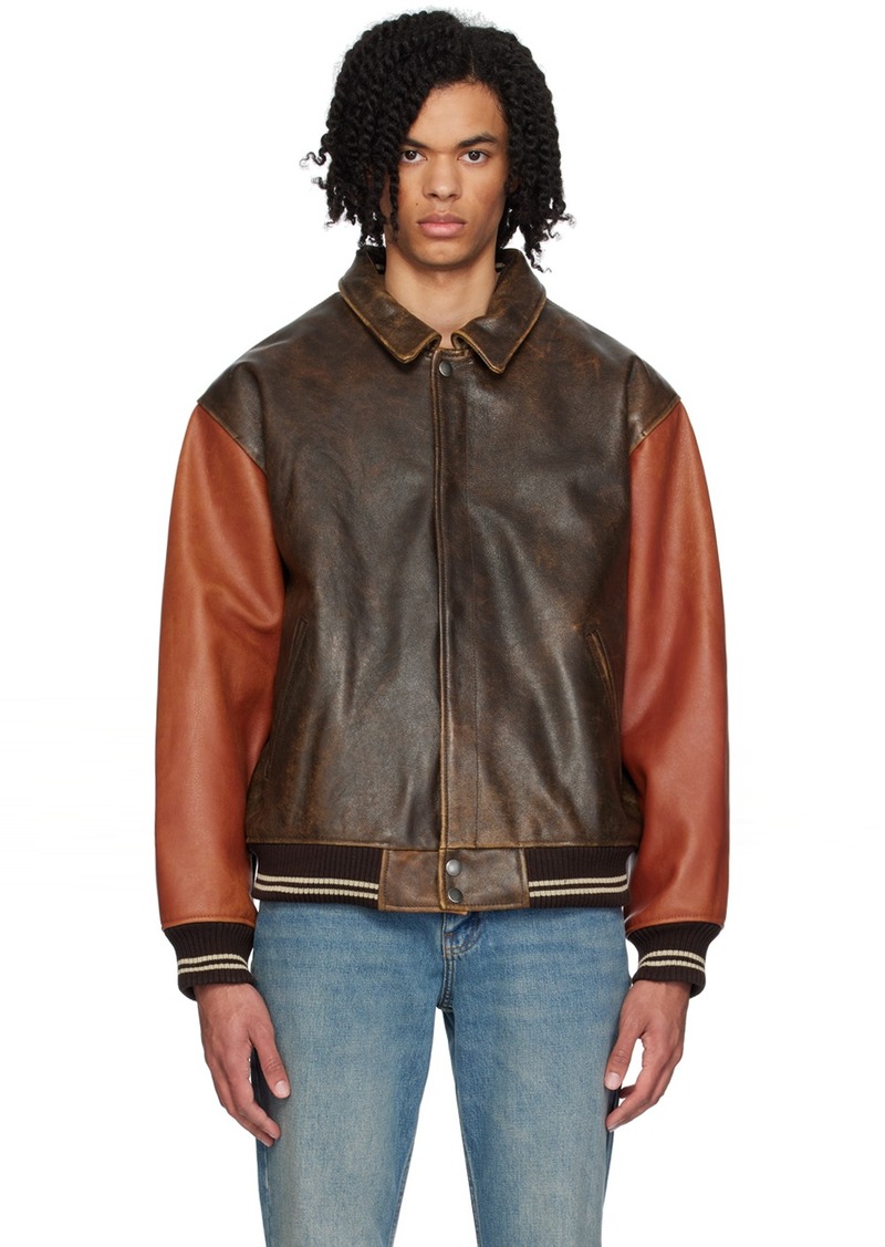 GUESS USA Brown & Orange Varsity Leather Bomber Jacket