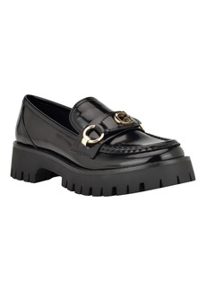 Guess Women's Almost Slip-On Lug Sole Round Toe Bit Loafer - Black Lux - Faux Leather