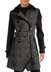 GUESS Women's Belted Wool and Faux Leather Coat