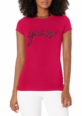 GUESS Women's Shortt Sleeve Bling Script Logo Tee Cherry BITE Extra Small