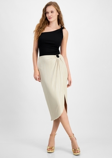 Guess Women's Cristina Ribbed Side-Slit Midi Skirt - SAFARI TAN FOIL