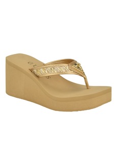 Guess Women's Demmey Logo Thong Square Toe Wedge Sandals - Gold
