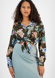 Guess Women's Eco Long Sleeve Bowed Jun Shirt - Hanoi Green Floral Print