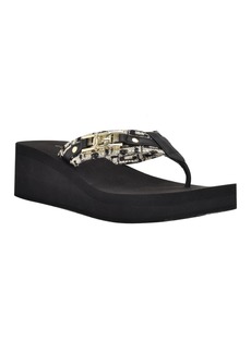 Guess Women's Ediva Wedges with Hardware and Heritage Logo Fabric Sandals - Black - Faux Leather Polyurethane
