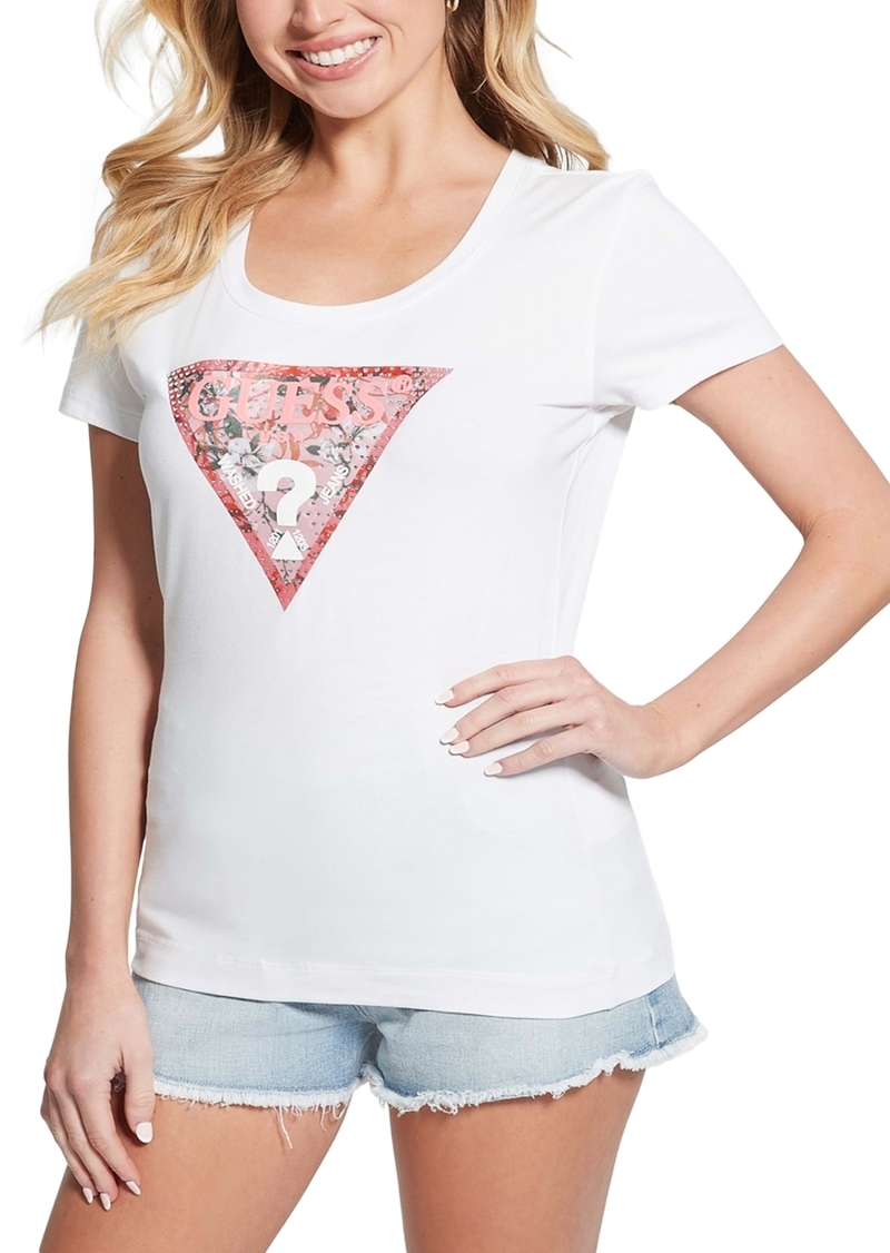 Guess Women's Embellished Triangle Logo Scoop-Neck T-Shirt - Pure White