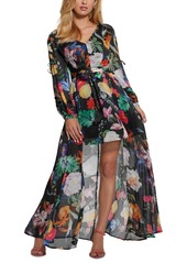 Guess Women's Farrah Long Sleeve Mini Dress With Removable Long Skirt - Etched Tropical Print Dark