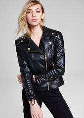 Guess Women's Faux-Leather Asymmetric Moto Coat - Black
