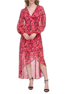 Guess Women's Floral-Print Long-Sleeve Faux-Wrap Dress - Pink Multi
