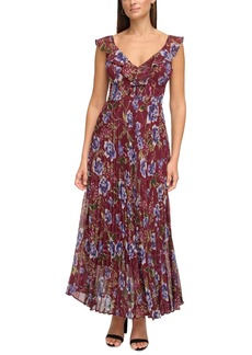 Guess Women's Floral-Print Pleated Ruffled Maxi Dress - Wine Multi