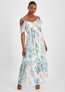 Guess Women's Floral-Print Ruffled Cold-Shoulder Tiered Maxi Dress - Hanoi Cream White Floral Print