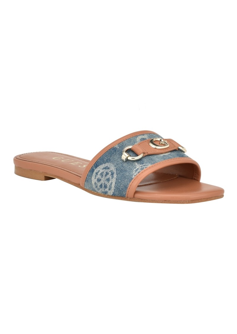 Guess Women's Hammi One Band with Logo and Hardware Flat Sandals - Blue Denim Logo- Textile