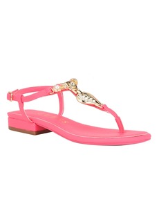 Guess Women's Jiarella Flat T Strap Hardware Accent Sandals - Pink - Faux Leather