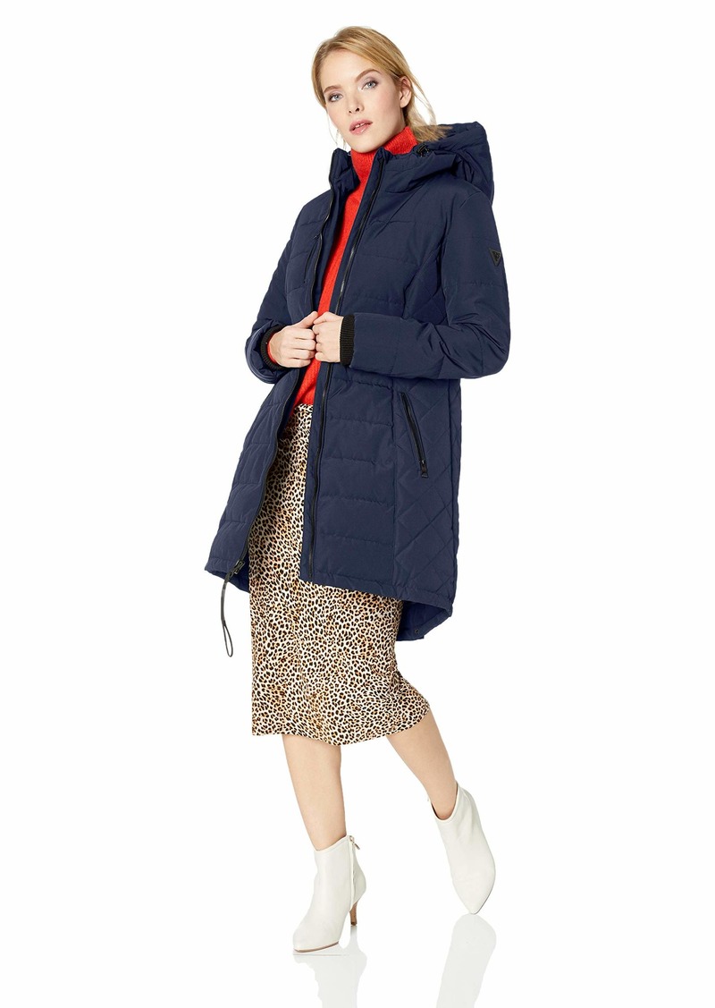 knee length puffer coat with hood