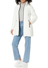 GUESS Women's Knee Length Packable Puffer Coat with Hood and Stand Collar