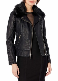 GUESS Women's Leather Moto Jacket with Removable Faux Fur Trim