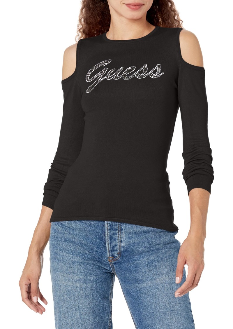 GUESS Women's Long Sleeve Cold Shoulder Logo Sweater