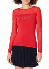 GUESS Women's Long Sleeve Fitted Mesh Mix Logo Sweater