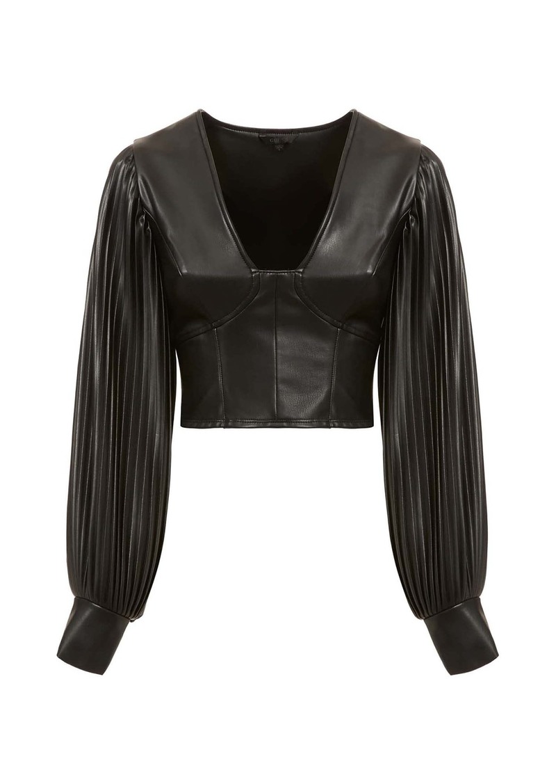 GUESS Women's Long Sleeve Lani Pleated Faux Leather Top  Extra Small