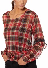 GUESS Women's Long Sleeve Madrid Lace Up Waist Top Madison Plaid Sultry red/Multi L