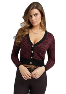 GUESS Women's Long Sleeve Posie V-Neck Cardi Geo Jacquard Mystic Wine Extra Small