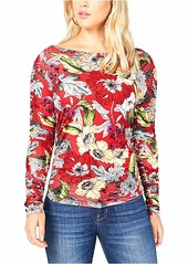 GUESS Women's Long Sleeve Sean Ring Top Garden Fever Print Sultry red L