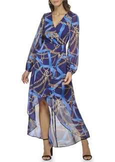 GUESS Women's Long Sleeve Scarf Print Chiffon Maxi Dress